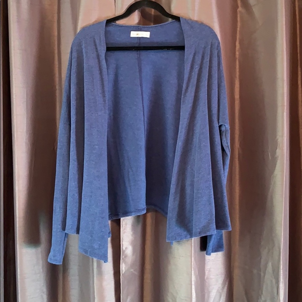Blue long sleeved drape front cardigan